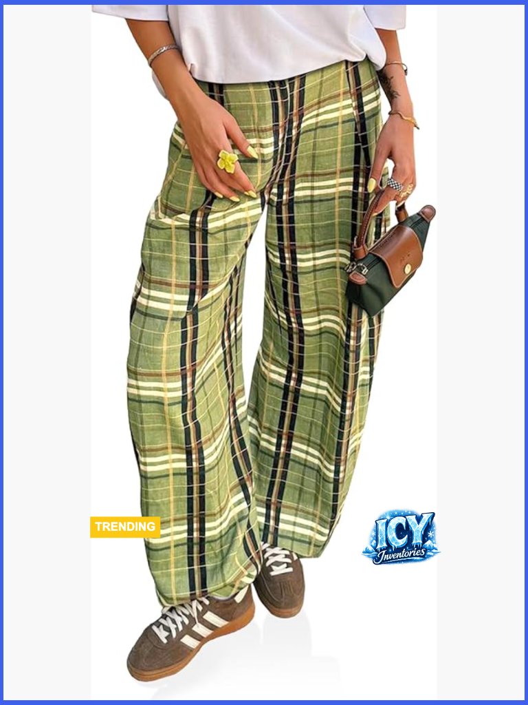 Wide Leg Plaid Palazzo Pants Elastic High Waisted Trousers